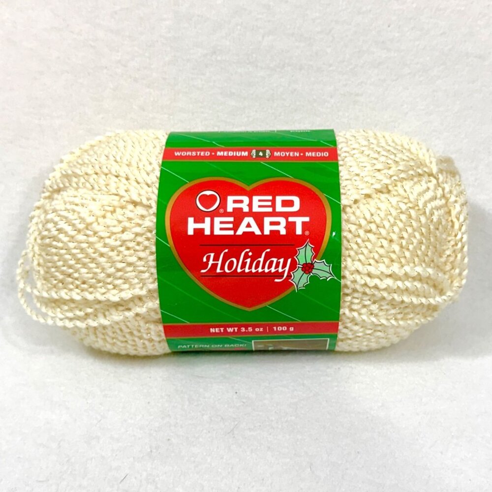 Red Heart Holiday Yarn Worsted Medium 4 Cream w/Gold Metallic - NEW SKEINS